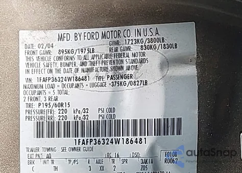 2004 Ford Focus Se z USA, uszkodzony, nr VIN 1FAFP36324W186481